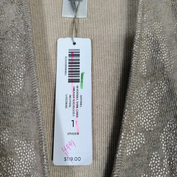 Chico's Shine Cardigan Women's 1 Tan Jacquard Print Reversible Sleeveless NWT - Picture 3 of 12